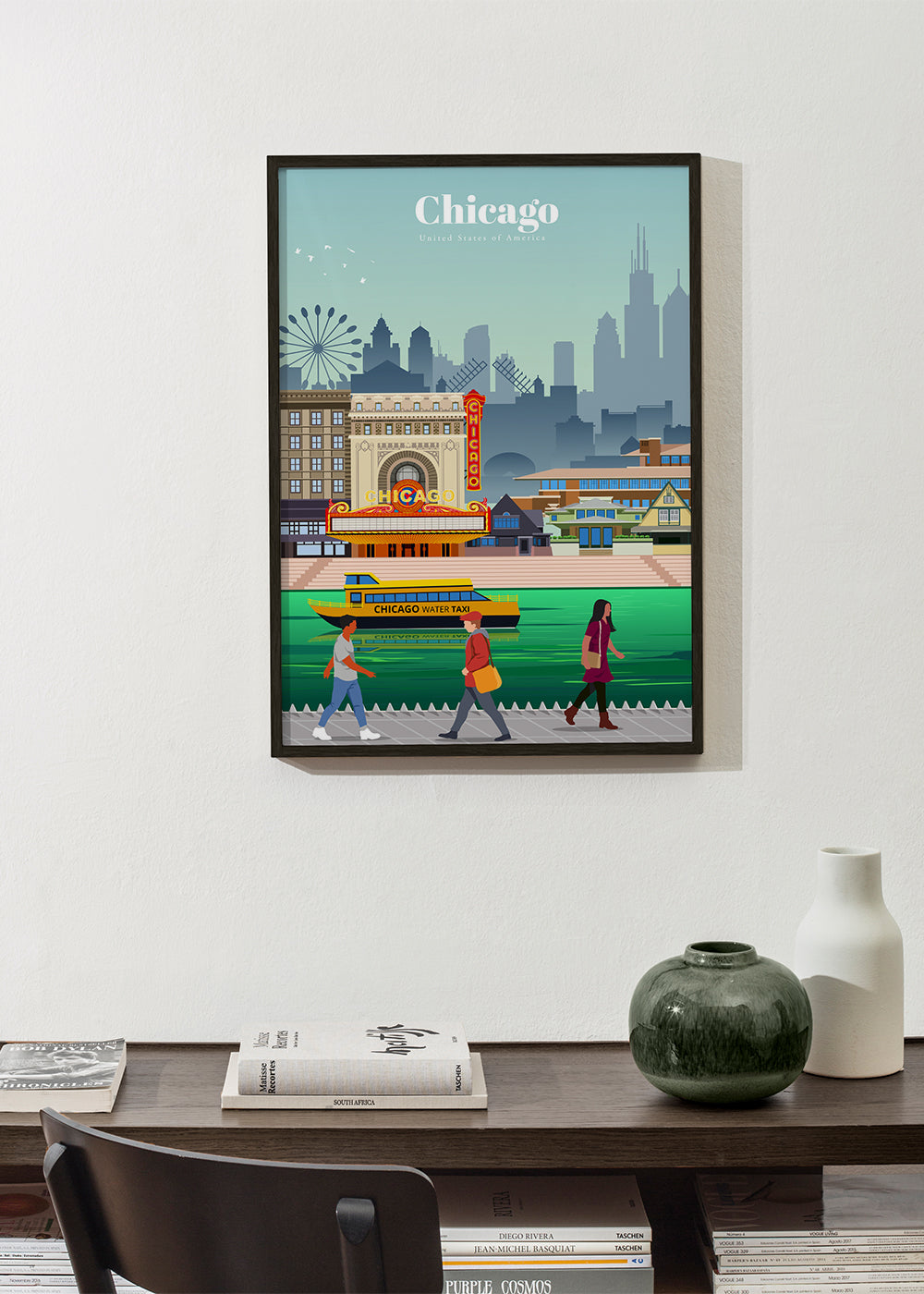 Plakat podróżniczy: panorama Chicago z wodnym taksówką
