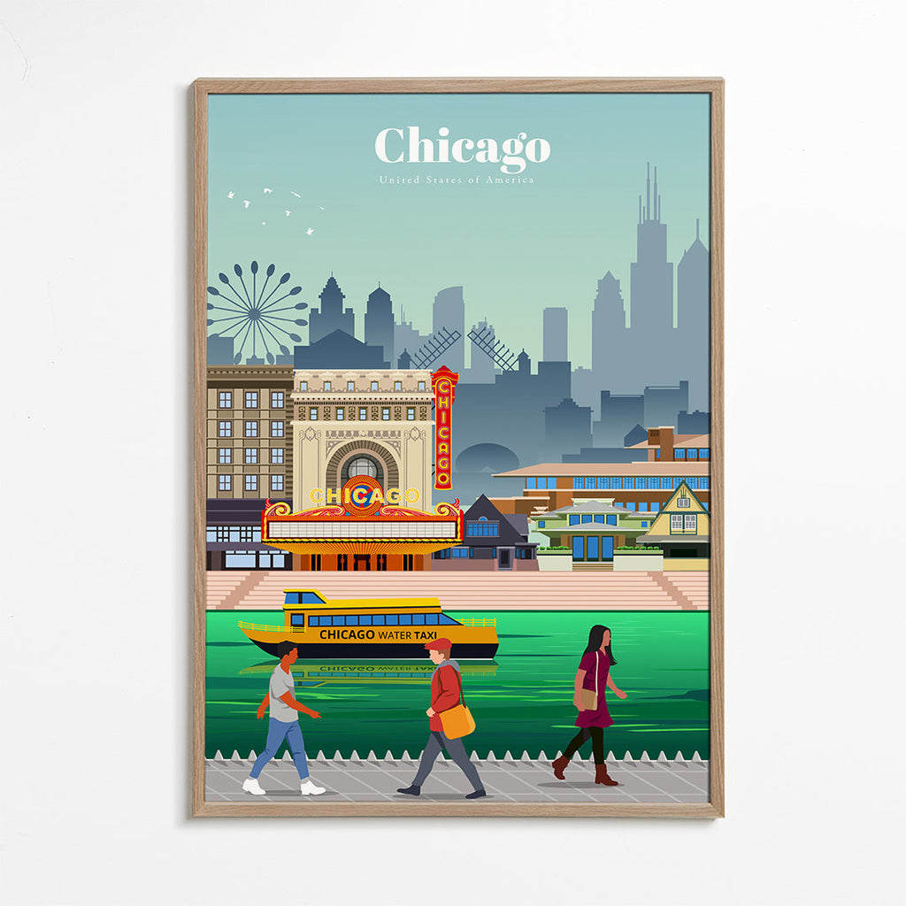 Plakat podróżniczy: panorama Chicago z wodnym taksówką