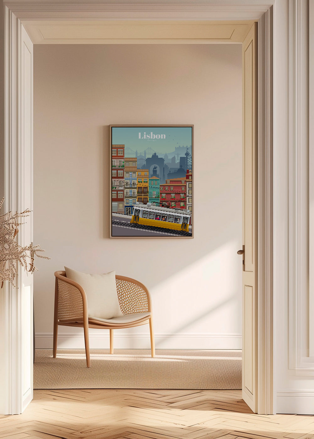 Plakat podróżniczy: żółty tramwaj Lizbony
