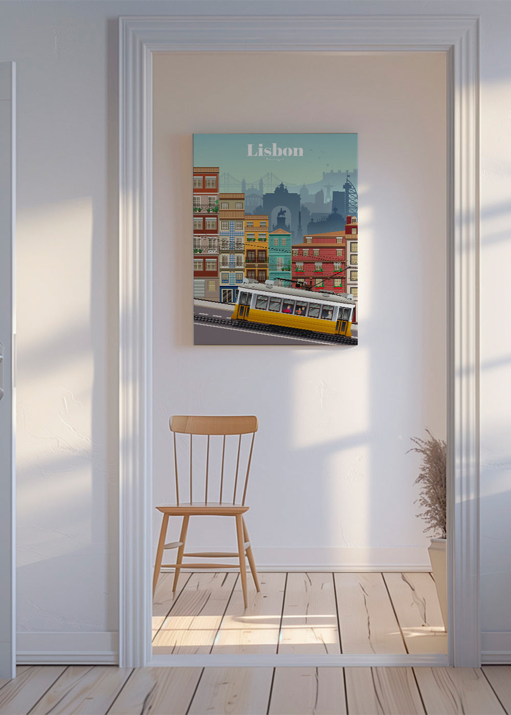 Plakat podróżniczy: żółty tramwaj Lizbony