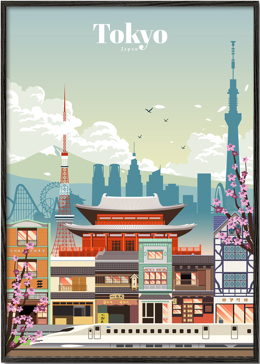 Plakat miasta Tokio z świątynią i shinkansen