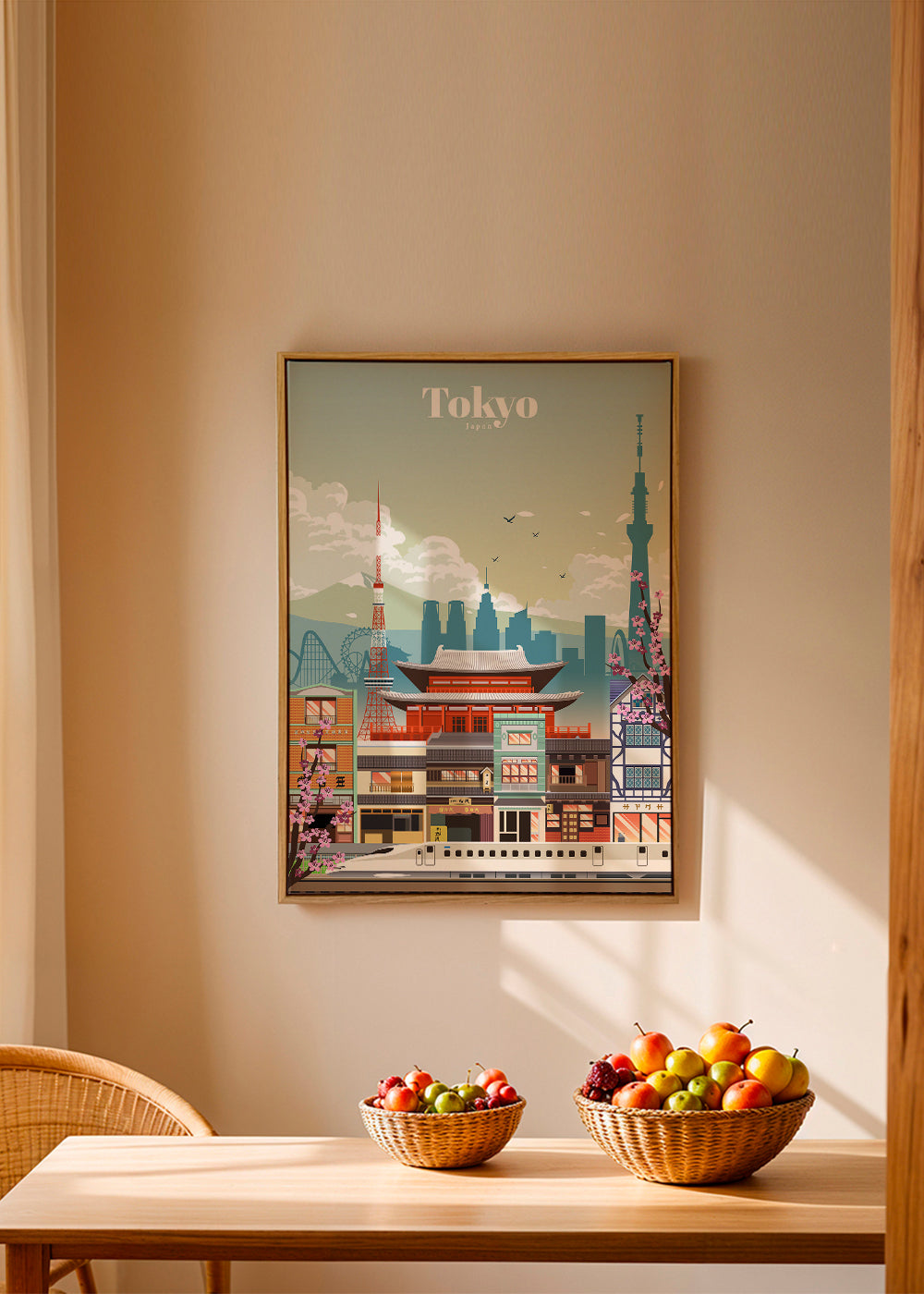 Plakat miasta Tokio z świątynią i shinkansen