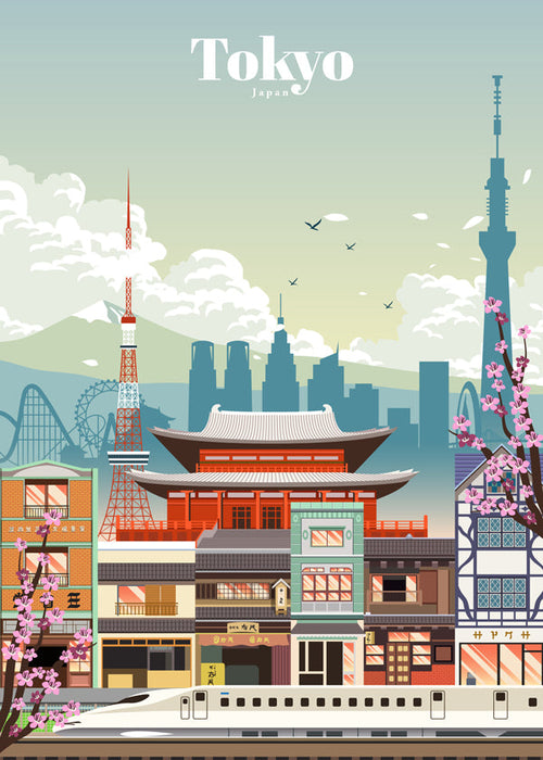 Plakat miasta Tokio z świątynią i shinkansen