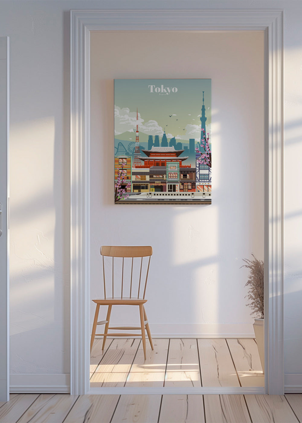 Plakat miasta Tokio z świątynią i shinkansen
