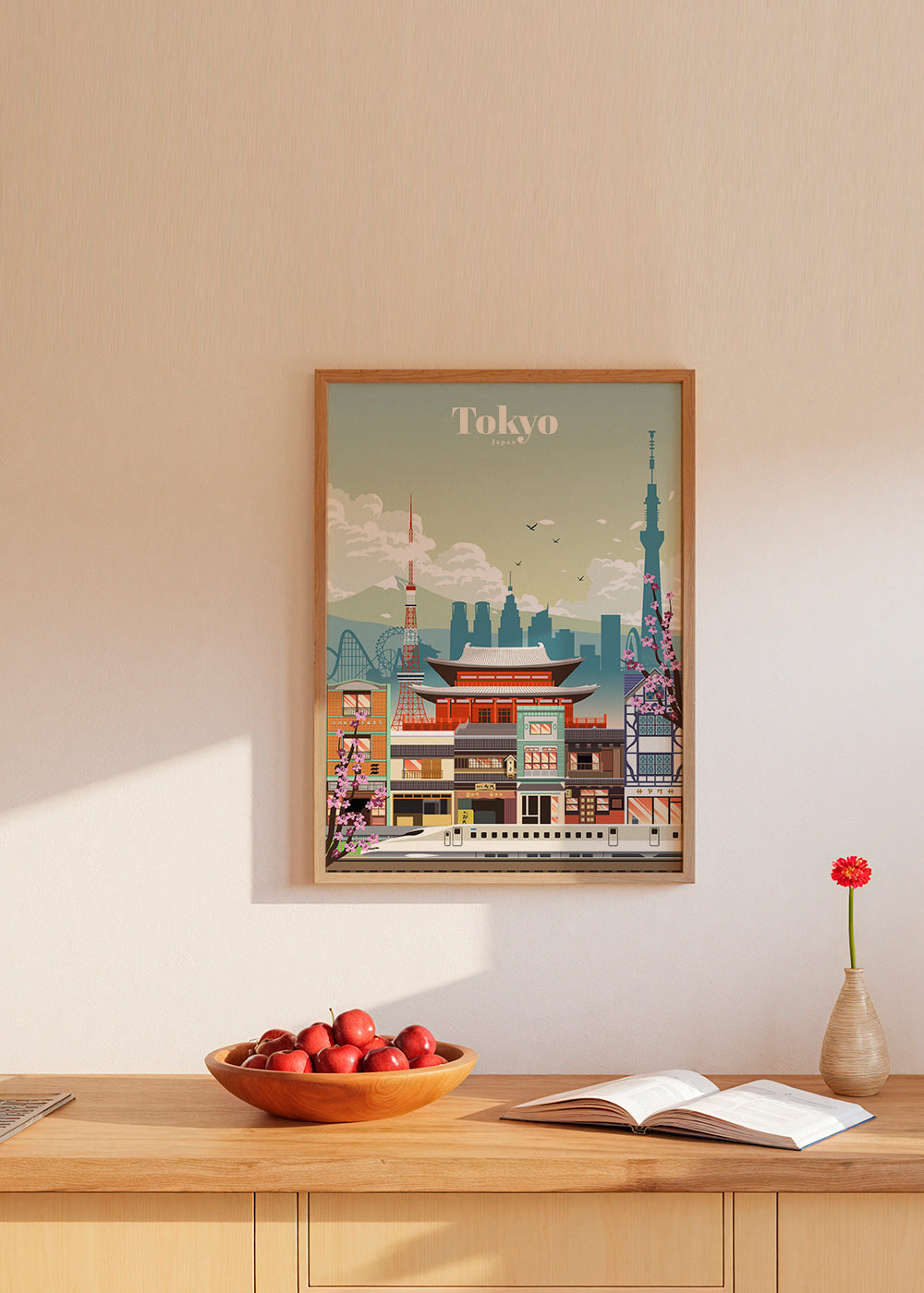Plakat miasta Tokio z świątynią i shinkansen