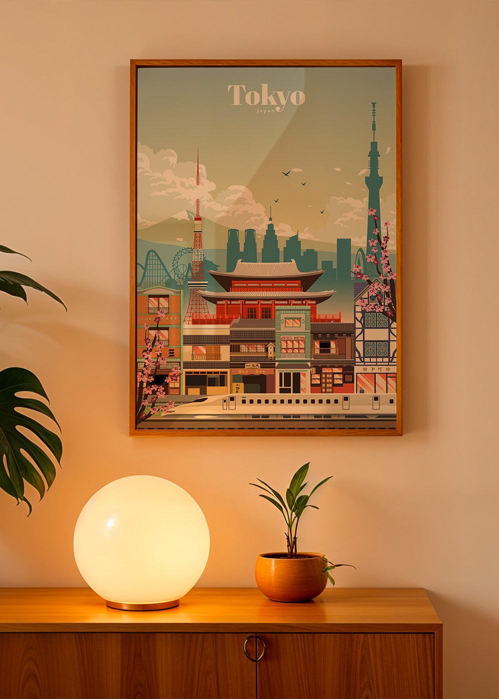 Plakat miasta Tokio z świątynią i shinkansen