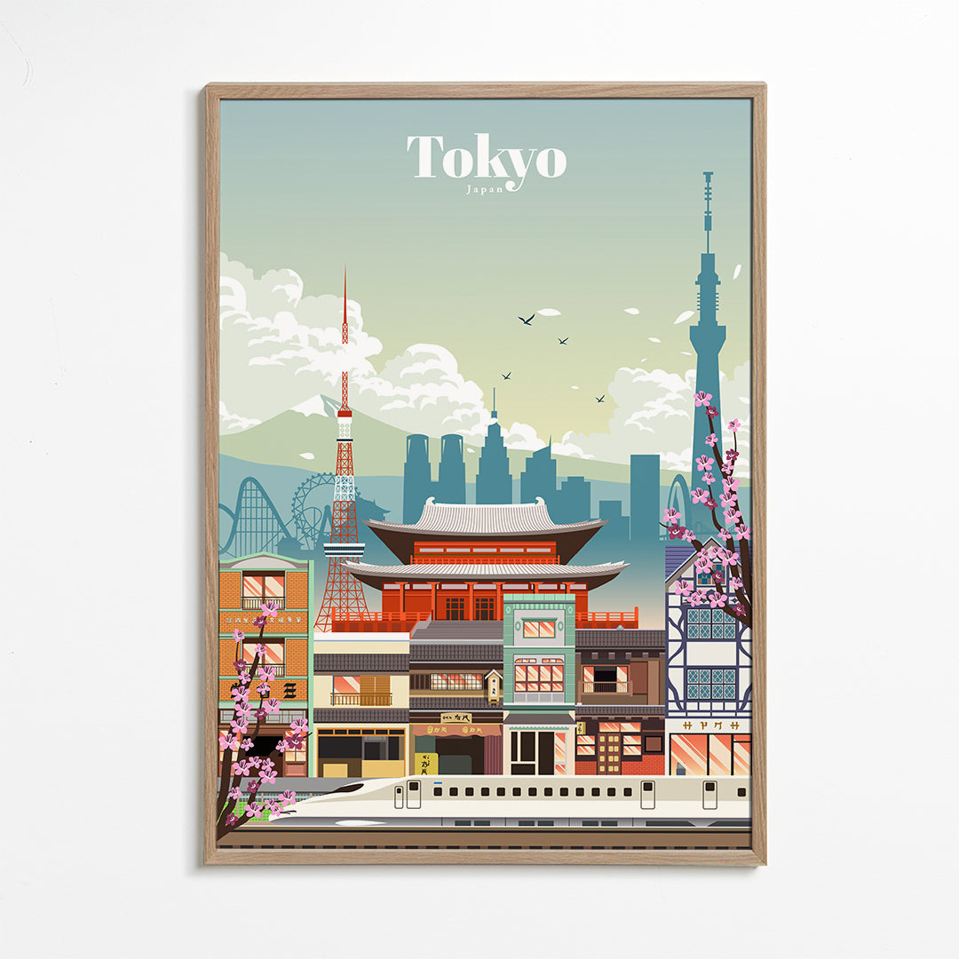 Plakat miasta Tokio z świątynią i shinkansen