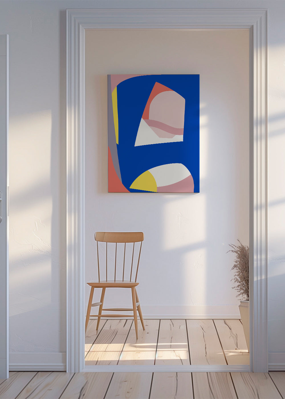 Plakat geometryczny z organicznymi niebieskimi formami