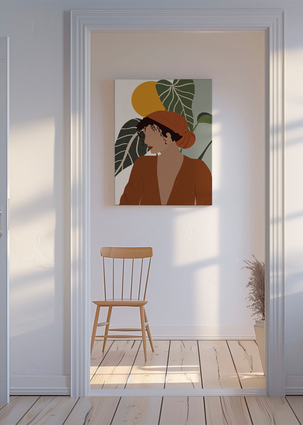 Ilustracja kobieta boho z liśćmi