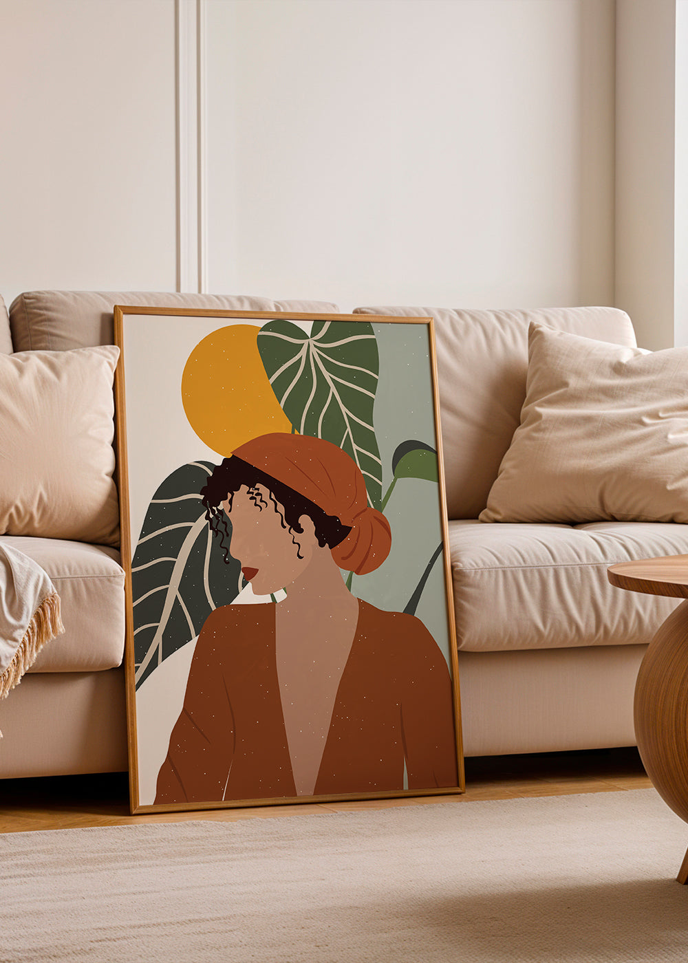 Ilustracja kobieta boho z liśćmi