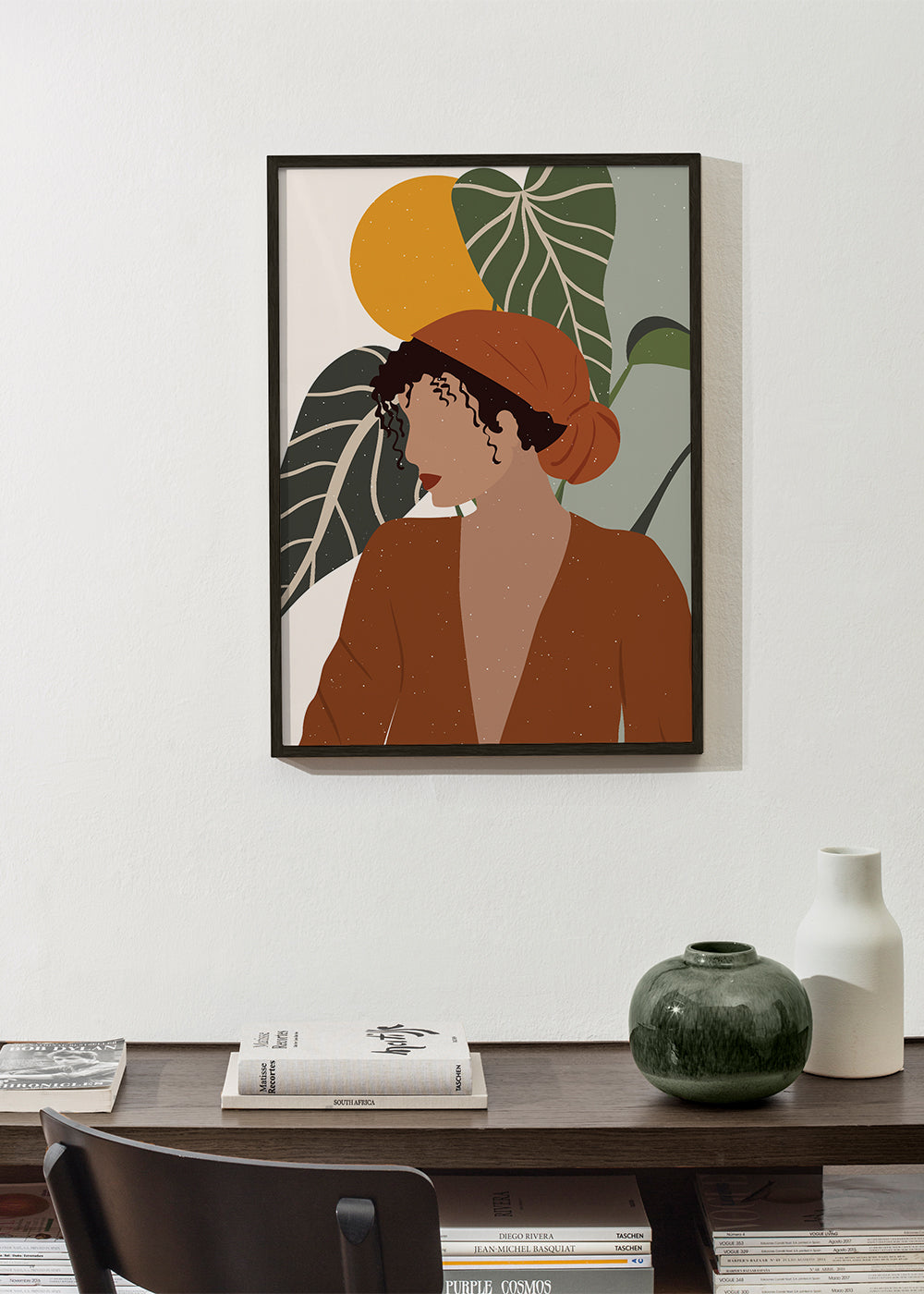 Ilustracja kobieta boho z liśćmi