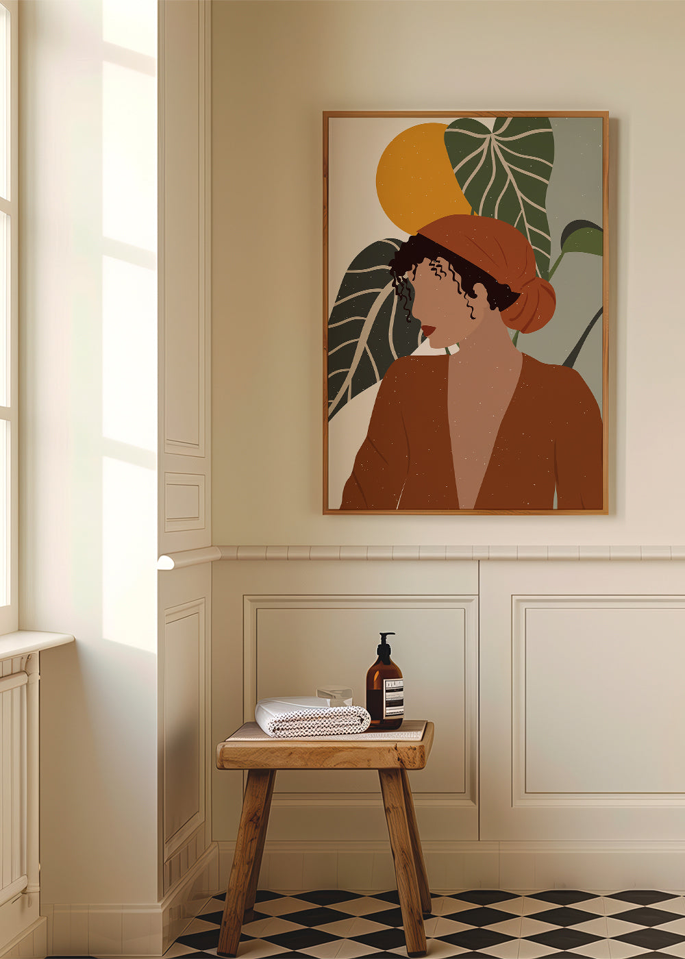 Ilustracja kobieta boho z liśćmi