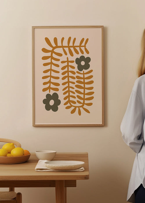 Plakat botaniczny z abstrakcyjnymi liśćmi musztardowymi