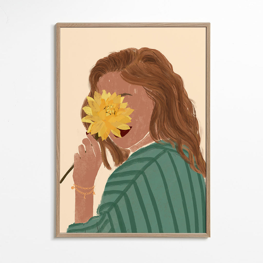 Plakat botaniczny kobieta z żółtym kwiatem