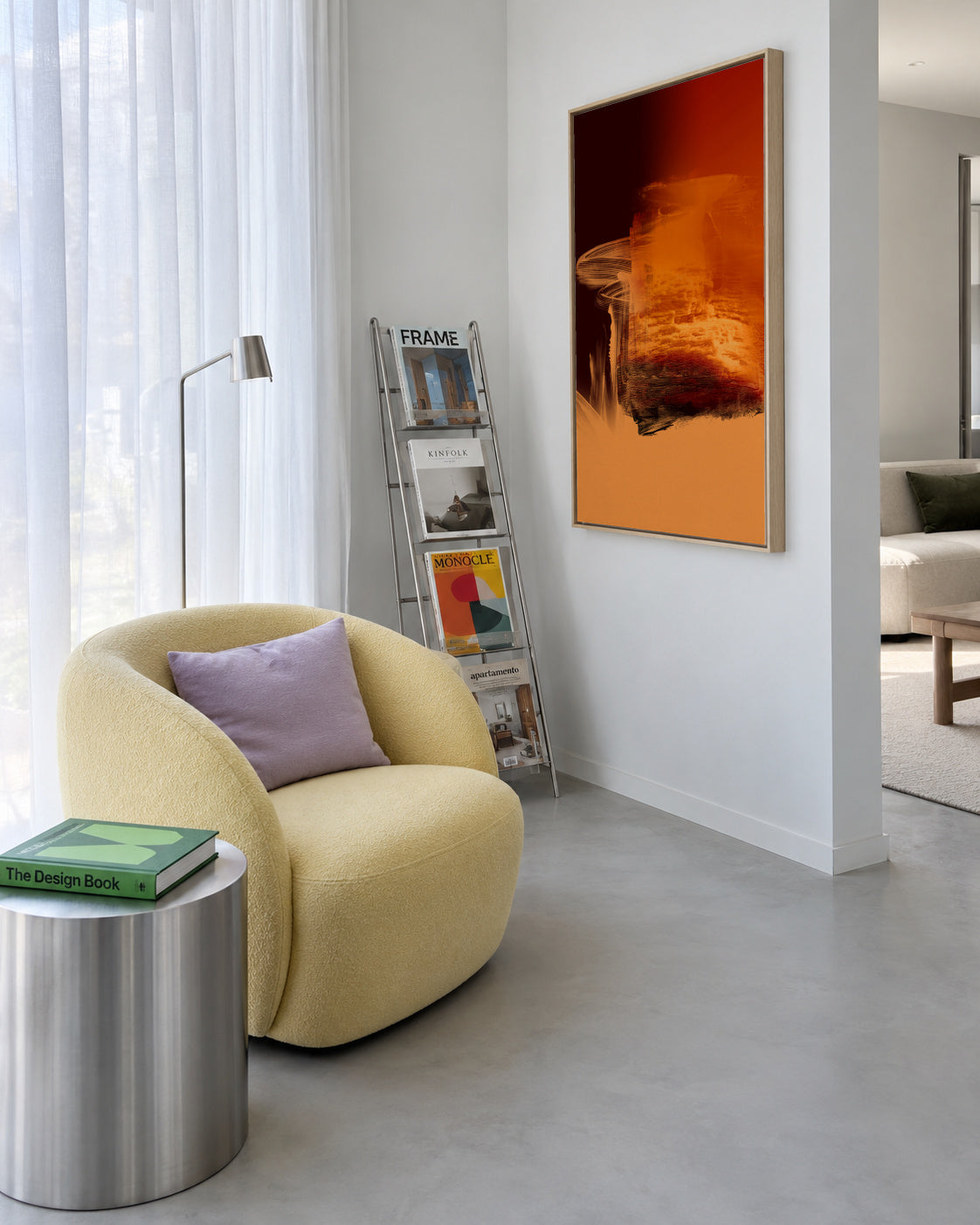 Expressive Fiery Orange Abstract - Framed canvas in an interior