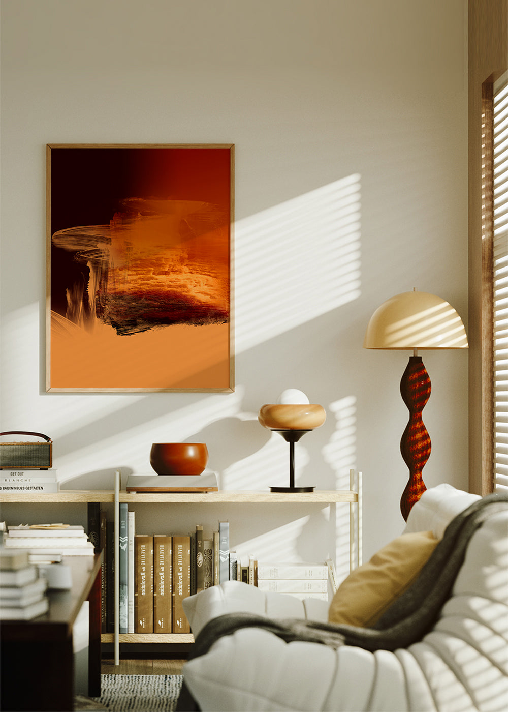 Abstrakcyjne dzieło w pomarańczu i czerwieni z malarskim gestem