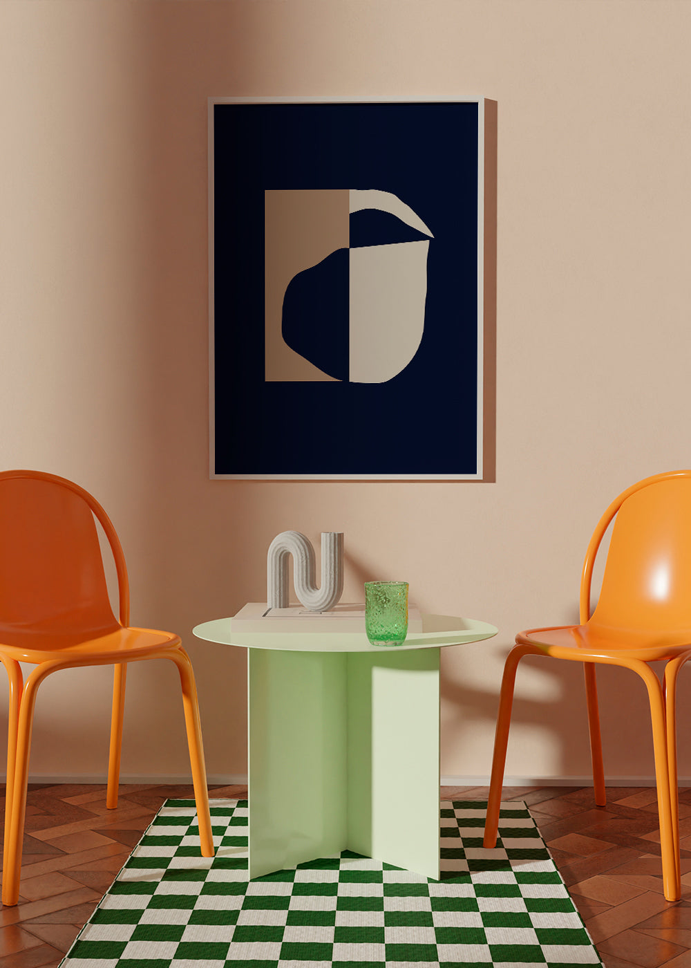 Plakat geometryczny z zaokrąglonymi formami w granacie