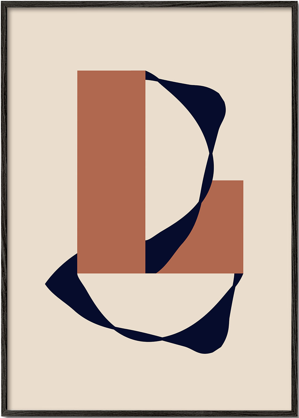 Plakat geometryczny z organiczną wstęgą i terakotowymi blokami