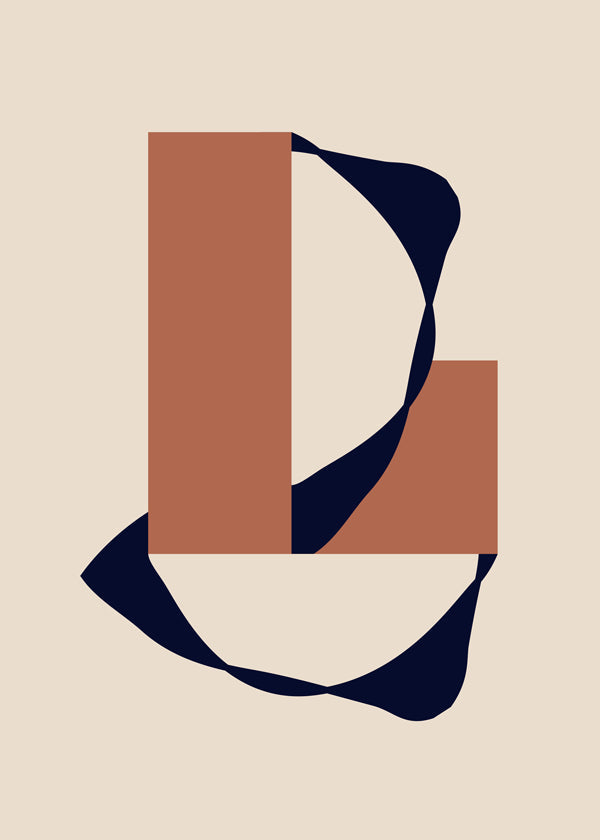 Plakat geometryczny z organiczną wstęgą i terakotowymi blokami