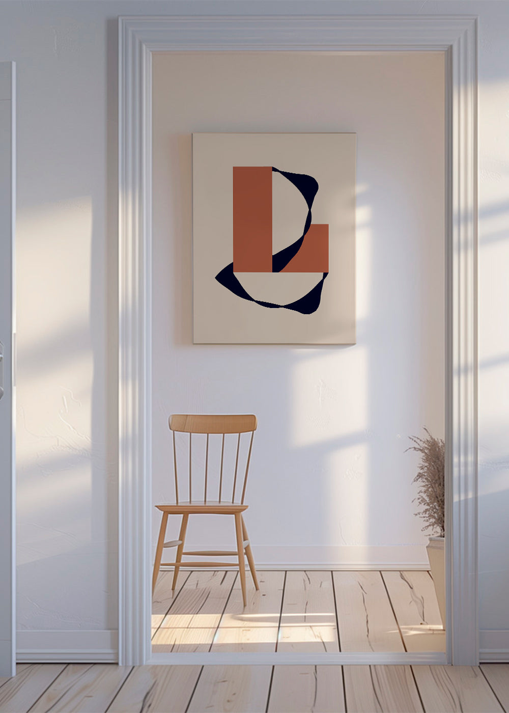 Plakat geometryczny z organiczną wstęgą i terakotowymi blokami