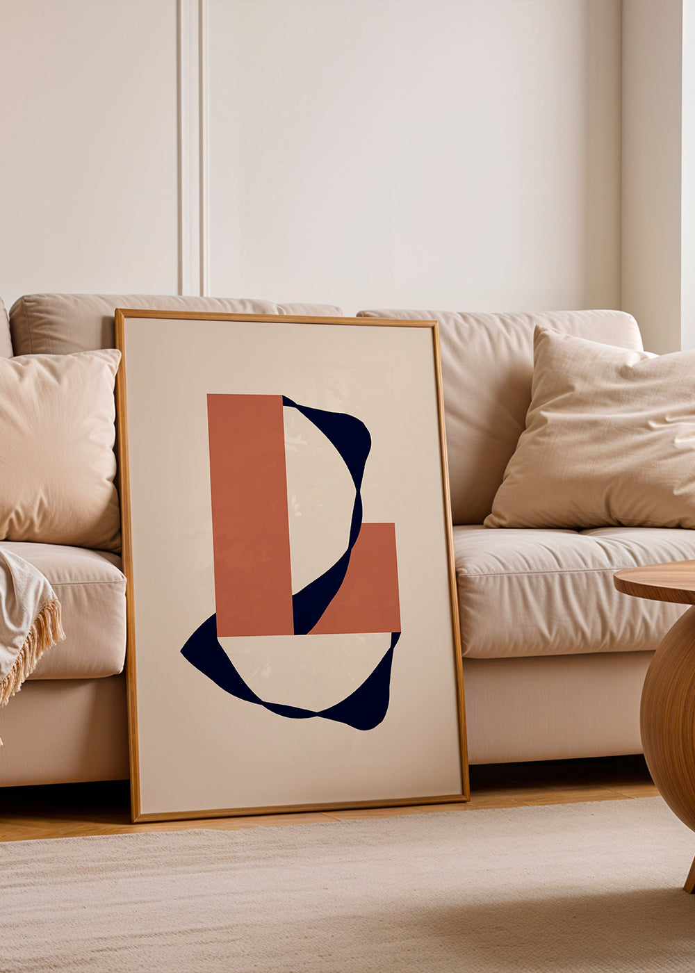 Plakat geometryczny z organiczną wstęgą i terakotowymi blokami