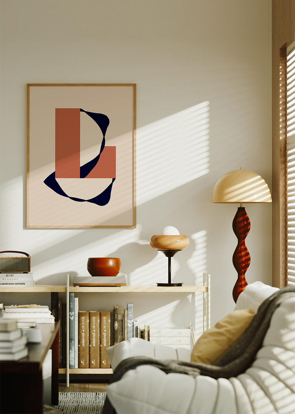 Plakat geometryczny z organiczną wstęgą i terakotowymi blokami
