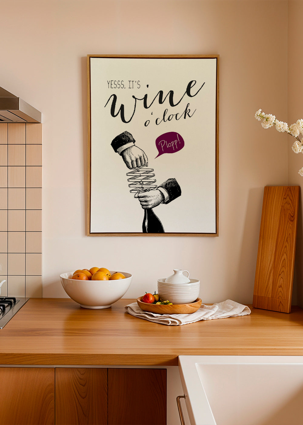 Sztuka do kuchni 'Wine o'clock' typografia i vintage szkic
