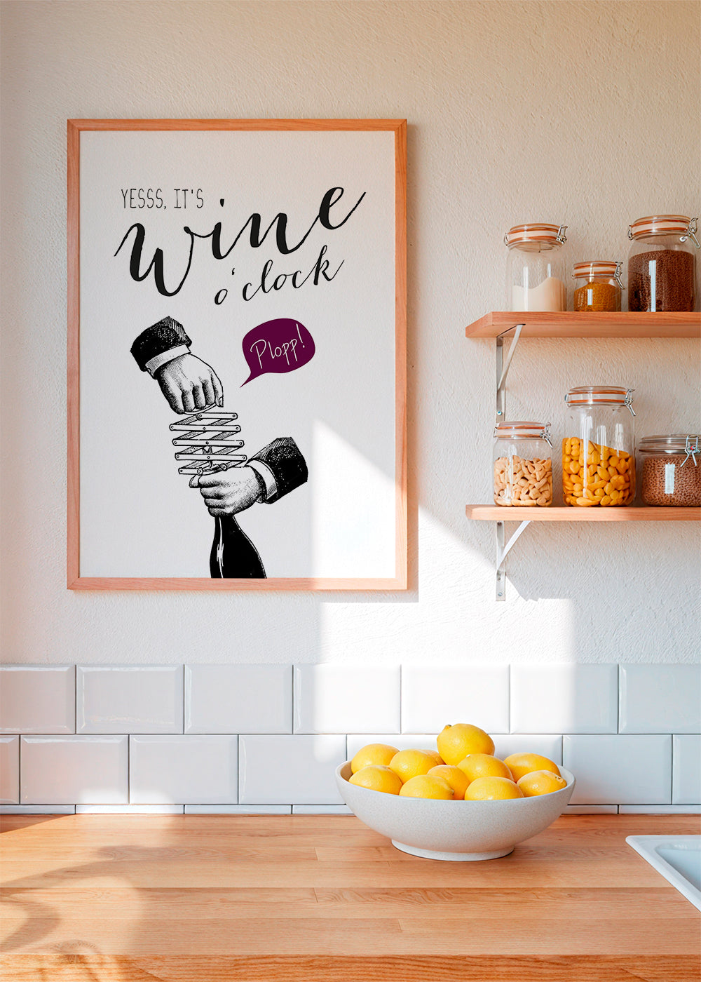 Sztuka do kuchni 'Wine o'clock' typografia i vintage szkic