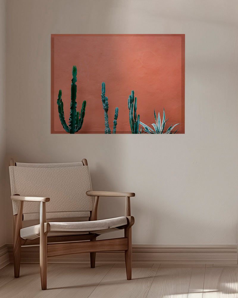 Plakat botaniczny z kaktusami na terakotowej ścianie – Canvas