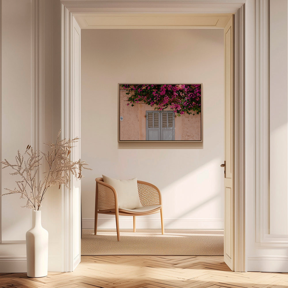 Plakat botaniczny z bugenwillą nad starymi drzwiami – Canvas2