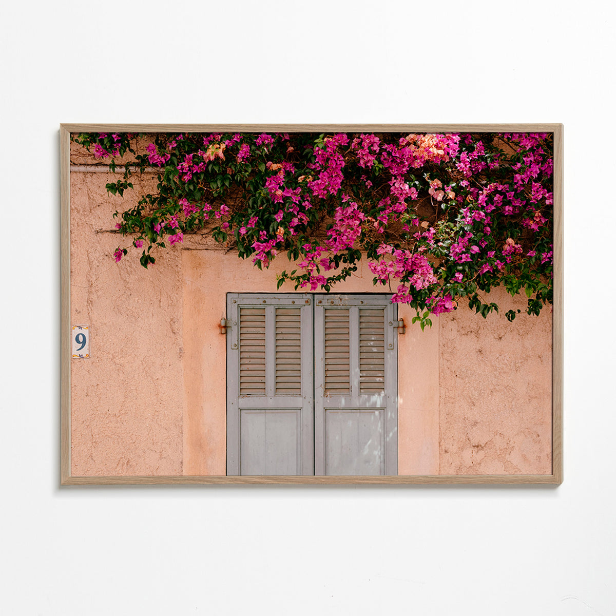Plakat botaniczny z bugenwillą nad starymi drzwiami – Oak Frame