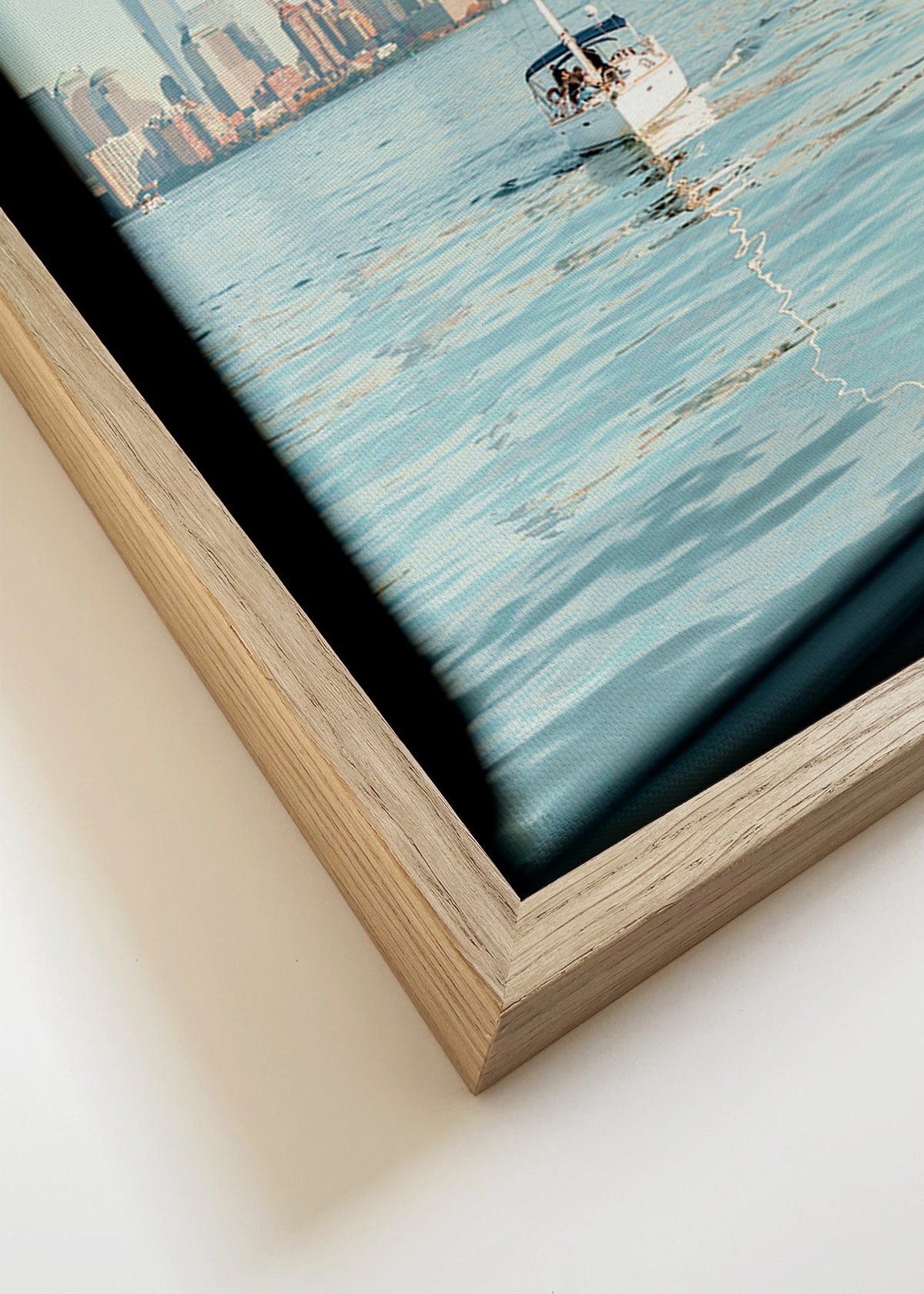 Plakat podróżniczy z żaglówką i panoramą miasta – Canvas detail