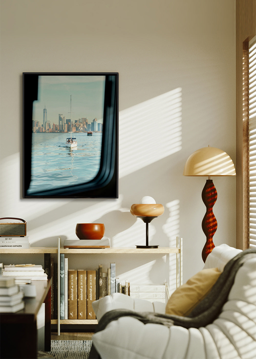 Plakat podróżniczy z żaglówką i panoramą miasta – Canvas2