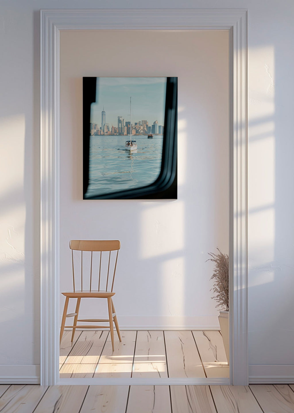 Plakat podróżniczy z żaglówką i panoramą miasta – Canvas