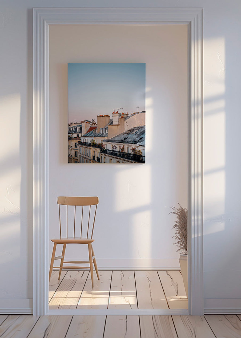 Plakat miejski z dachami o świcie – Canvas