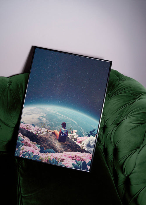 Plakat botaniczny z podróżnikiem i planetą