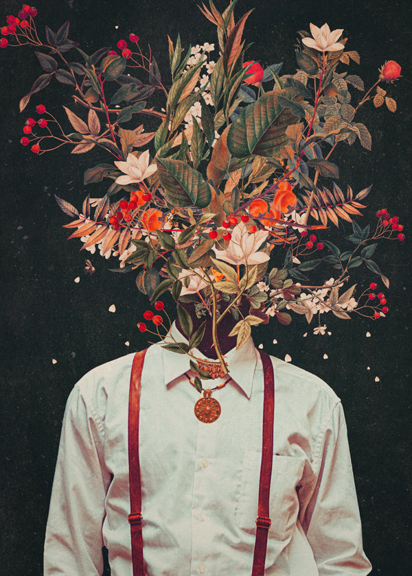 Plakat botaniczny: surrealistyczny portret kwiatowy