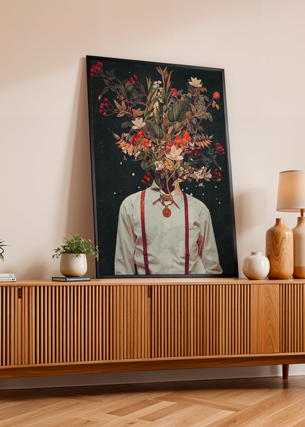 Plakat botaniczny: surrealistyczny portret kwiatowy