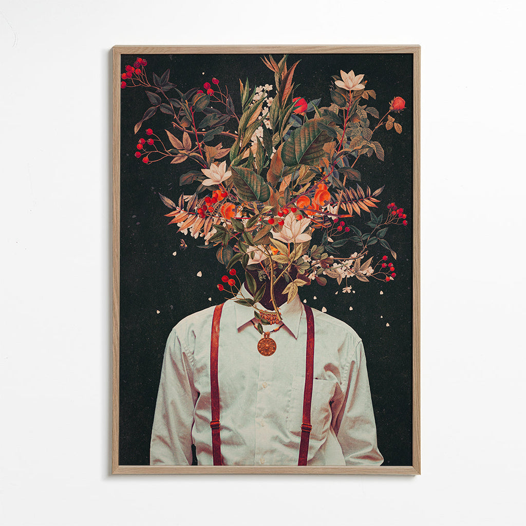 Plakat botaniczny: surrealistyczny portret kwiatowy