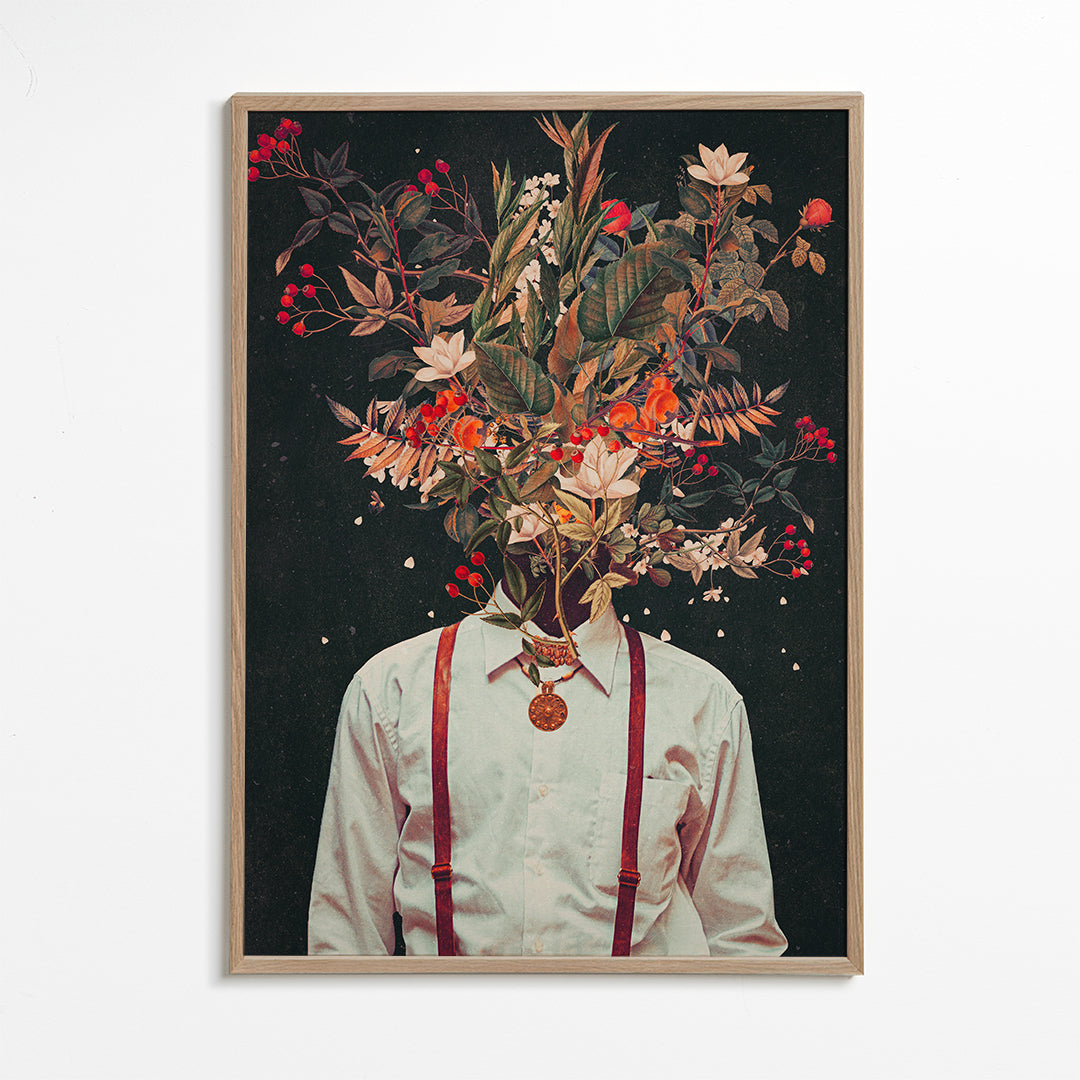 Plakat botaniczny: surrealistyczny portret kwiatowy