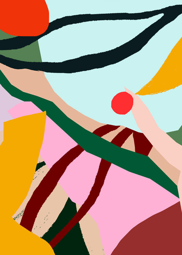 Abstrakcyjna ilustracja z owocami i dłonią