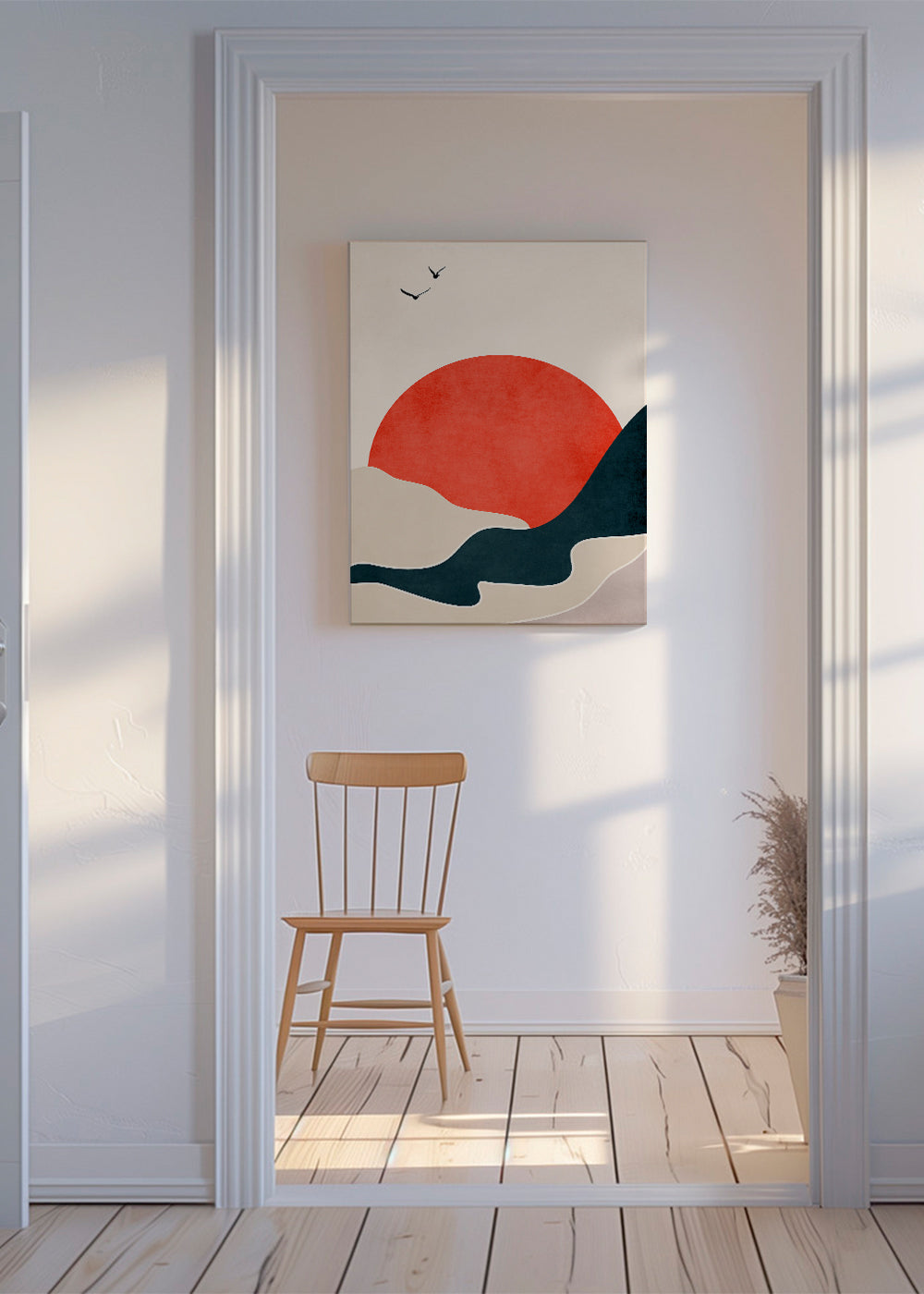 Abstrakcyjny obraz: czerwone słońce nad wzgórzami