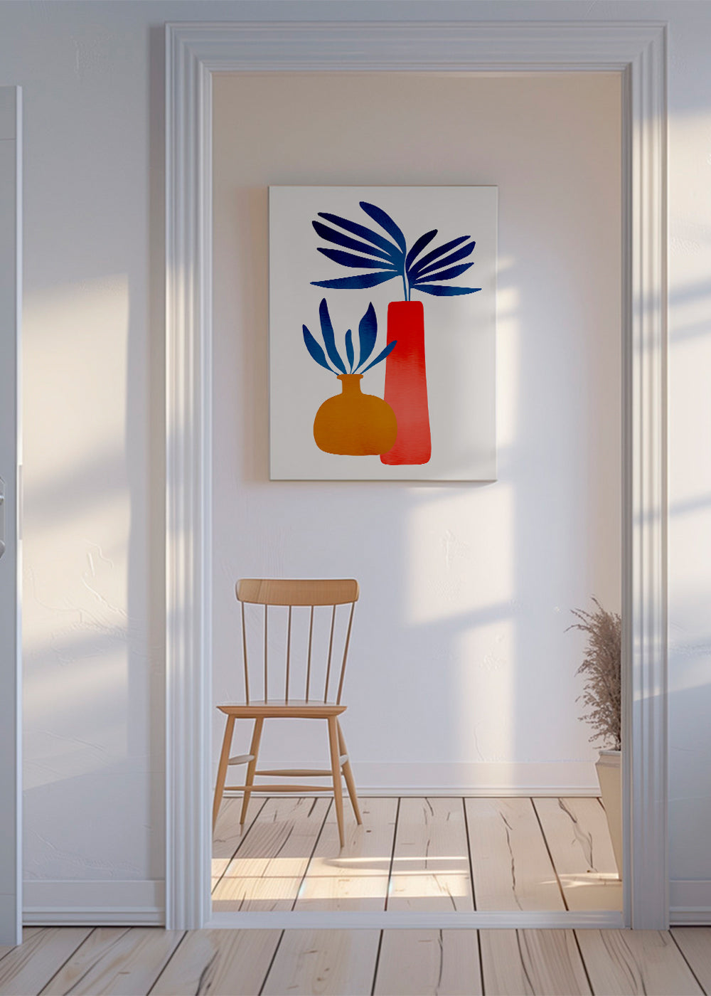 Plakat botaniczny z kolorowymi, minimalistycznymi wazonami