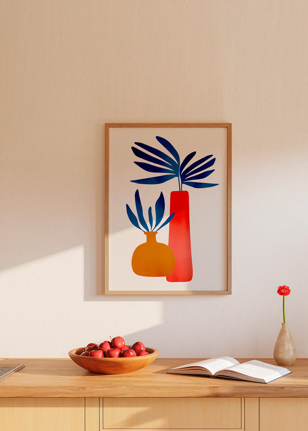 Plakat botaniczny z kolorowymi, minimalistycznymi wazonami