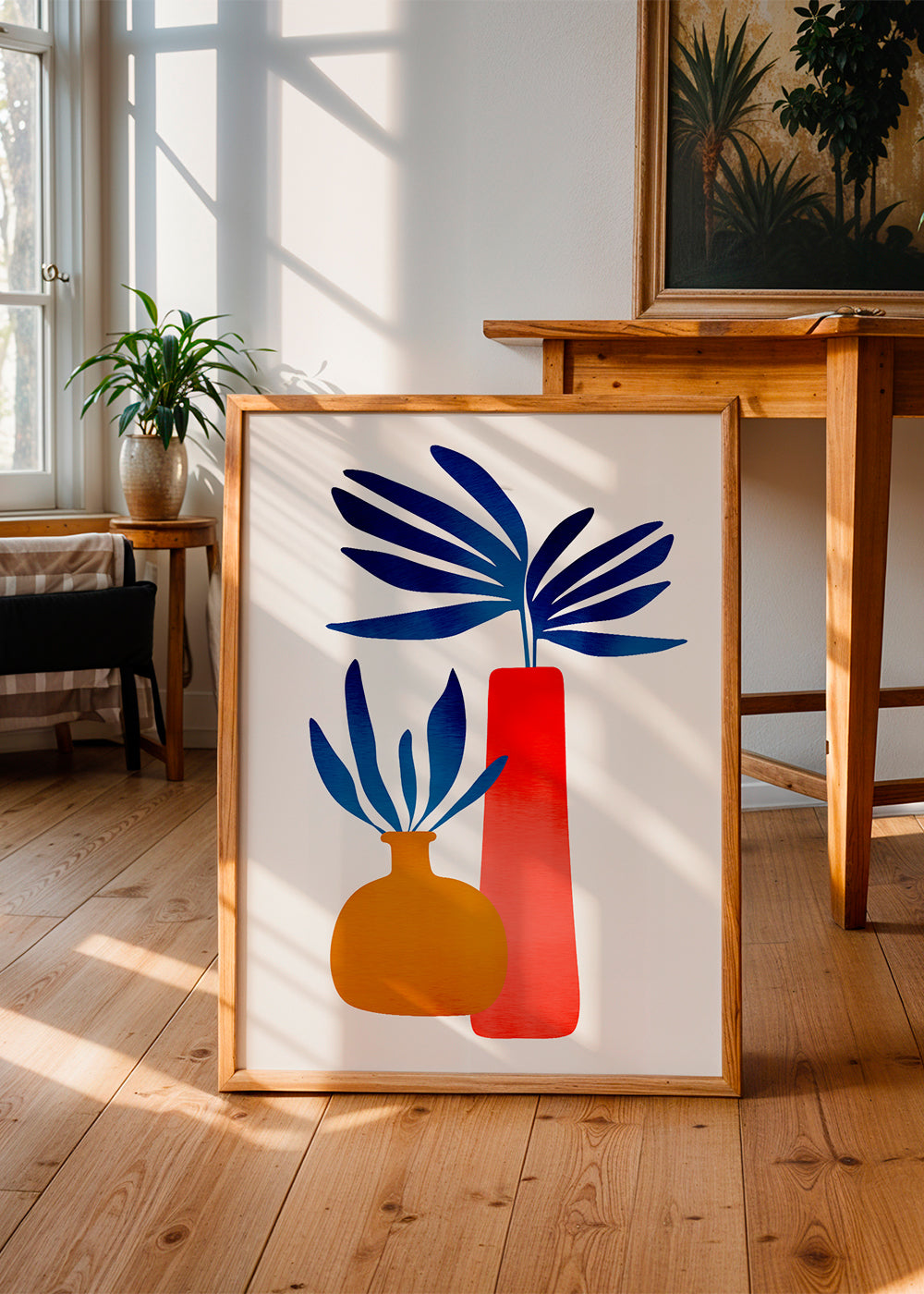 Plakat botaniczny z kolorowymi, minimalistycznymi wazonami