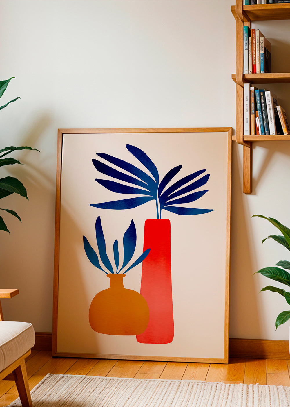 Plakat botaniczny z kolorowymi, minimalistycznymi wazonami