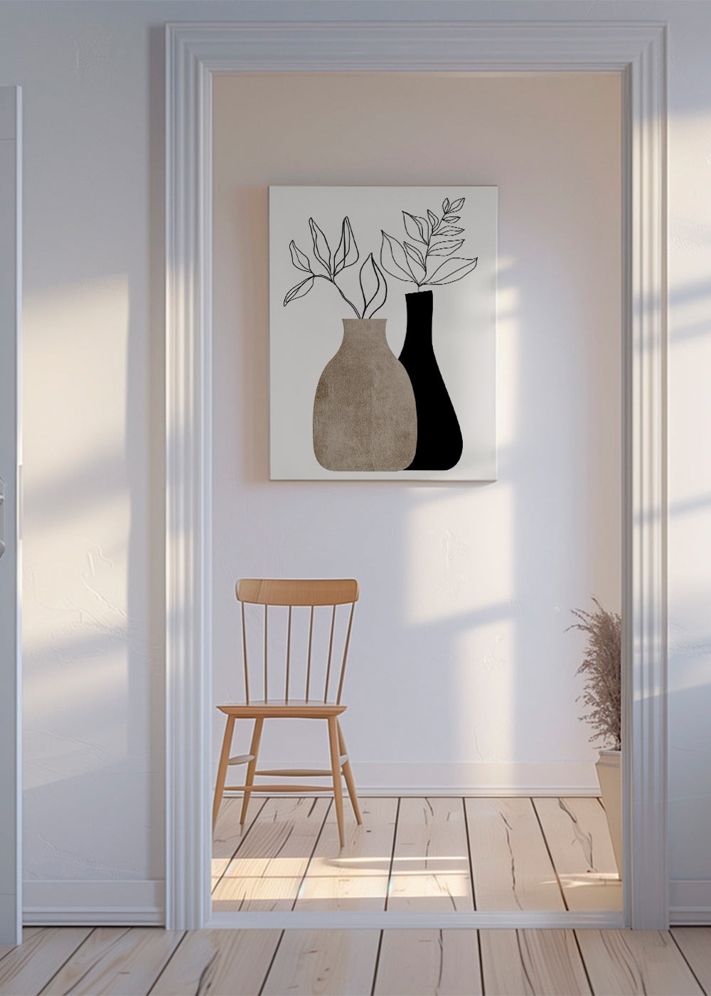 Plakat botaniczny z minimalistycznymi wazonami