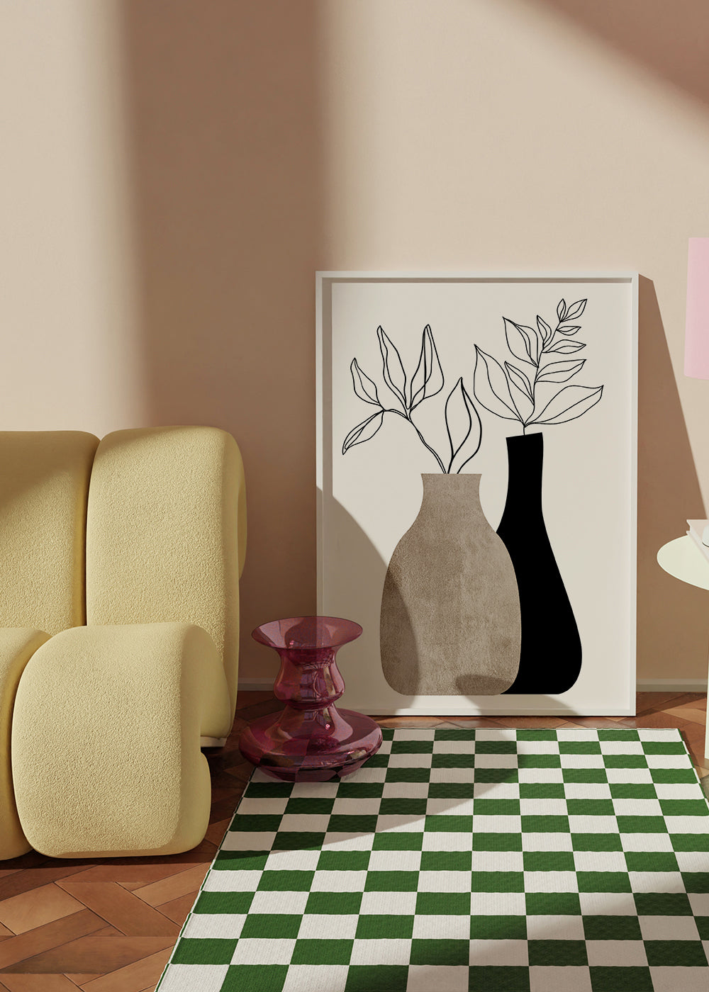 Plakat botaniczny z minimalistycznymi wazonami