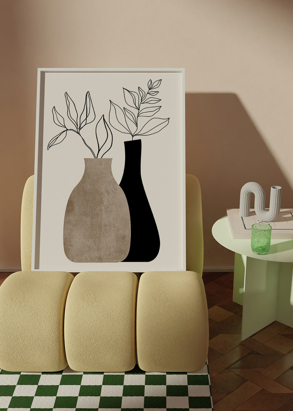 Plakat botaniczny z minimalistycznymi wazonami