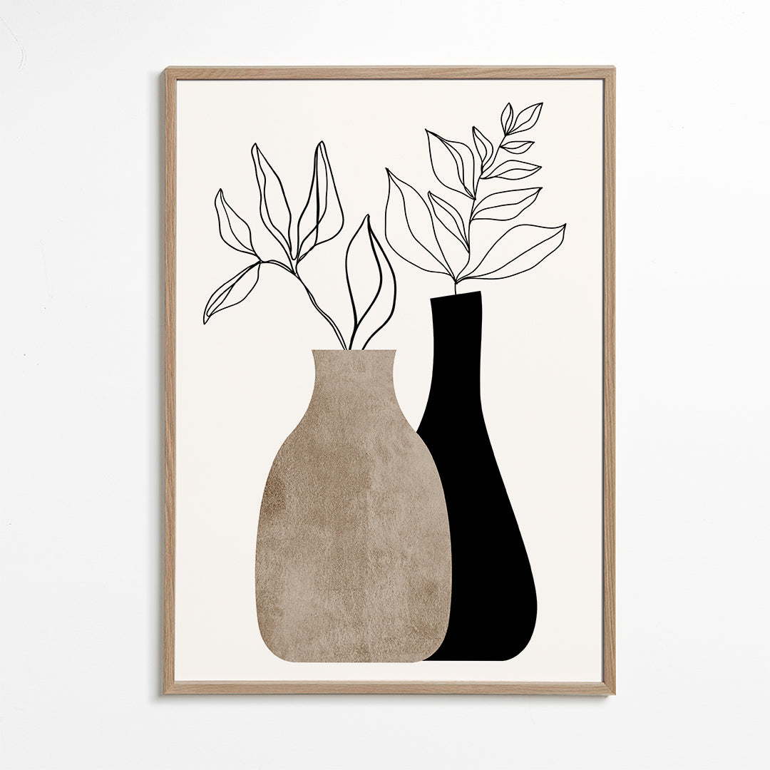 Plakat botaniczny z minimalistycznymi wazonami